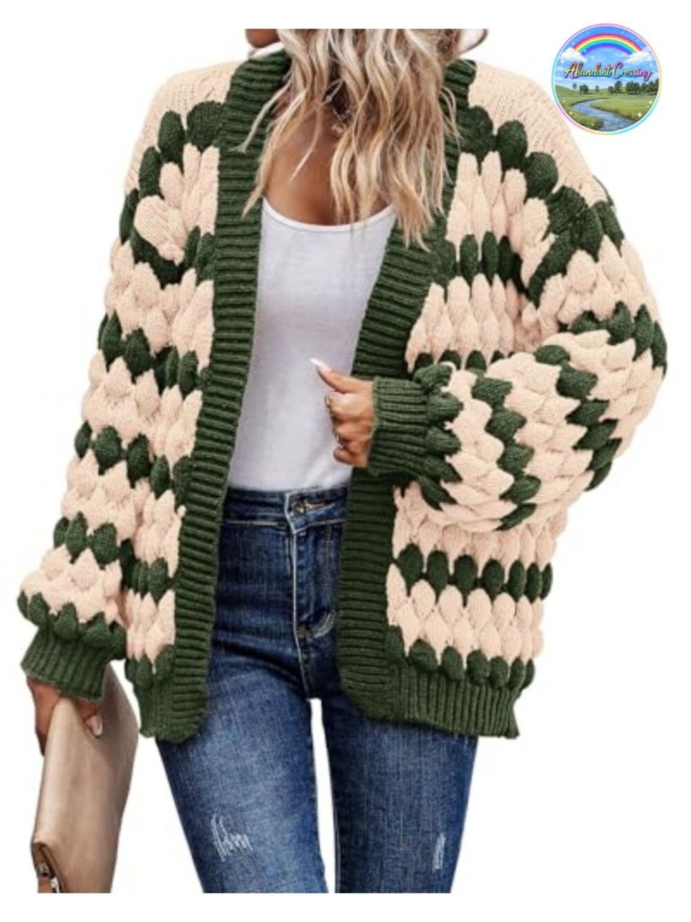 Women's Chunky Cable Knit Open Front Cardigan Lantern Sleeve